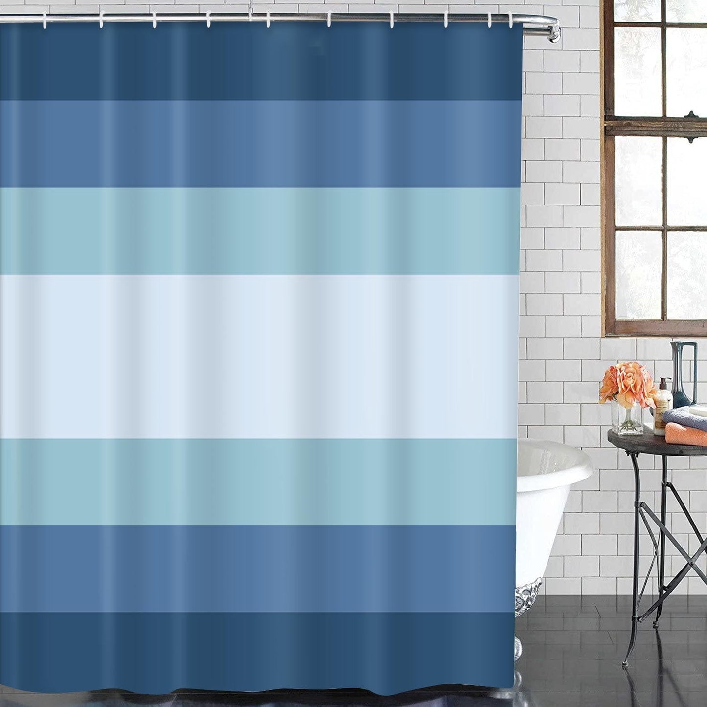 ArtSocket Navy Blue Ombre Bathroom Set with Shower Curtain and Bath Rugs and Accessories,Modern Striped Lines Non-Slip Shower Curtain Set,Bathroom Decor 3 Pcs