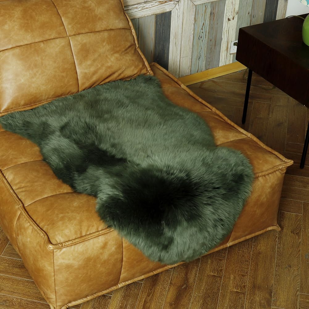 IRIWOOL Premium Genuine Fur Sheepskin Rug Real Australia Sheepskin Natural Luxury Fluffy Lambskin Fur Area Rug Seat Covers for Kids Bedroom Sofa Chair Cover (Military Green, Single Pelt/2ft x 3ft)