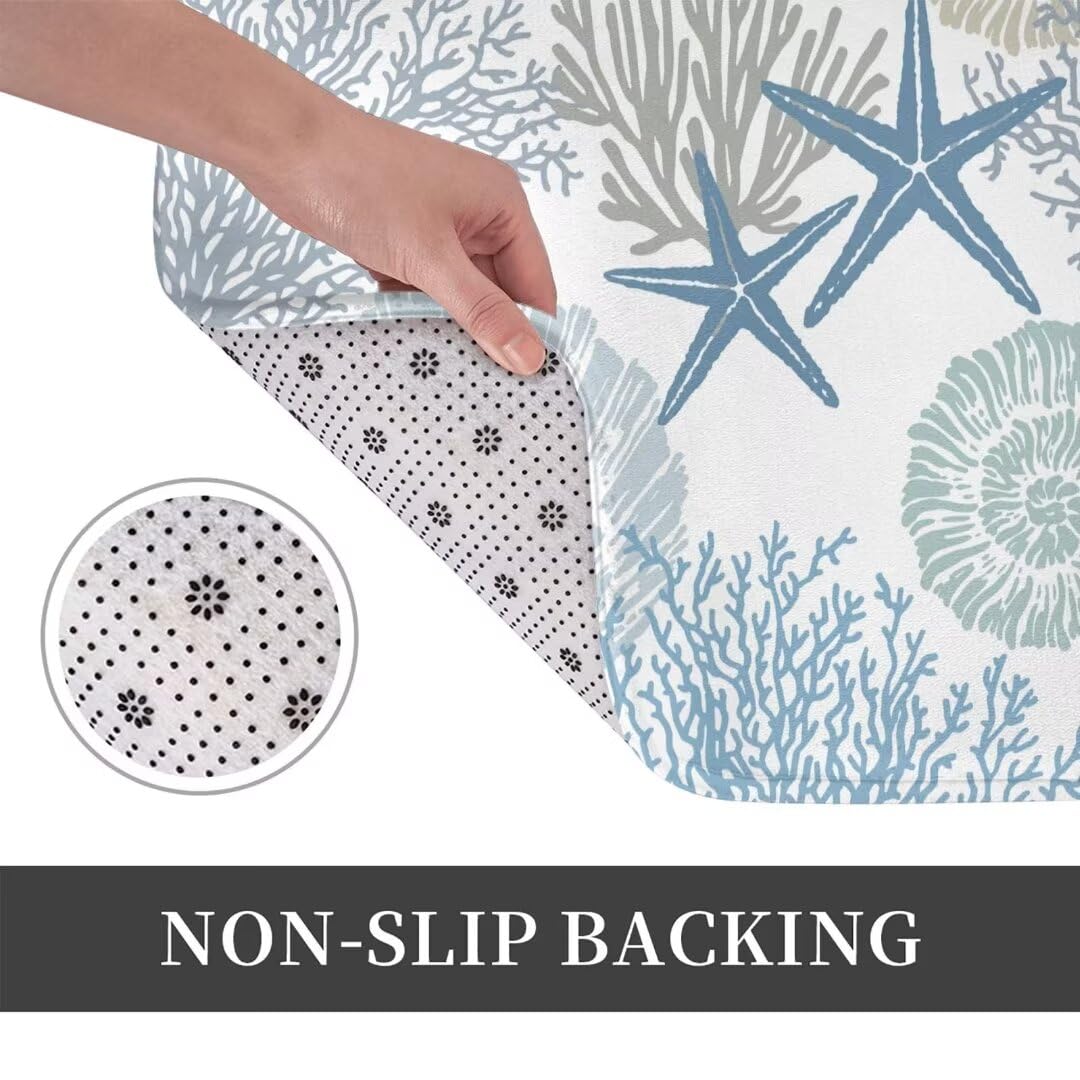 Coastal Beach Bath Mats for Bathroom,Nautical Ocean Seashells Starfish Absorbent Bath Rug Non-Slip Floor Rug Carpets Door Mat Washable Area Rugs for Bathroom Laundry Bedroom Living Room Kitchen,Blue