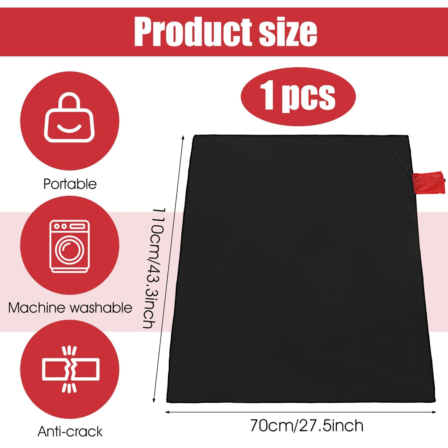 Bremorou Pocket Picnic Blanket, 43" Waterproof Mat, Foldable Travel Beach Mat for Hiking Camping, 90% Nylon Sandproof Red Black Lightweight for Outdoor Beach Hiking Camping