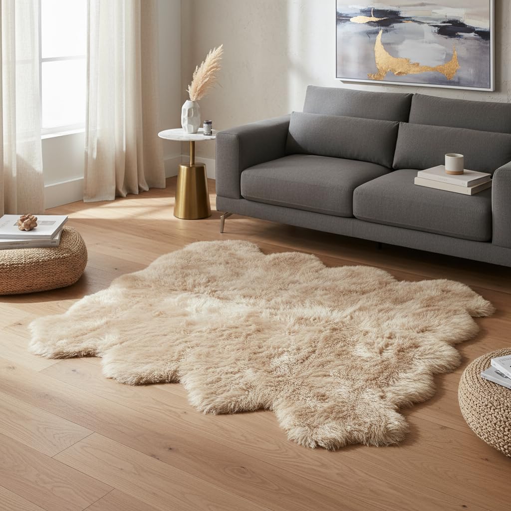 Khara Home Octo Sheepskin Area Rug 6x6 Ft – 100% Genuine Long Hair Lambskin – Premium Soft & Fluffy Light Beige Rug for Bedroom or Living Room – Made in Argentina