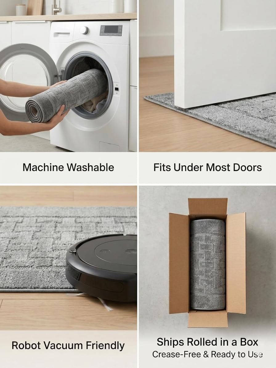 Runner Rug 8 ft, Non-Slip Washable Rug, Grey Textured Carpet for Kitchen Hallway Laundry Entryway, Rubber Backing, Indoor, Rolled in Box (26" x 8'), Custom Size Floor Runner