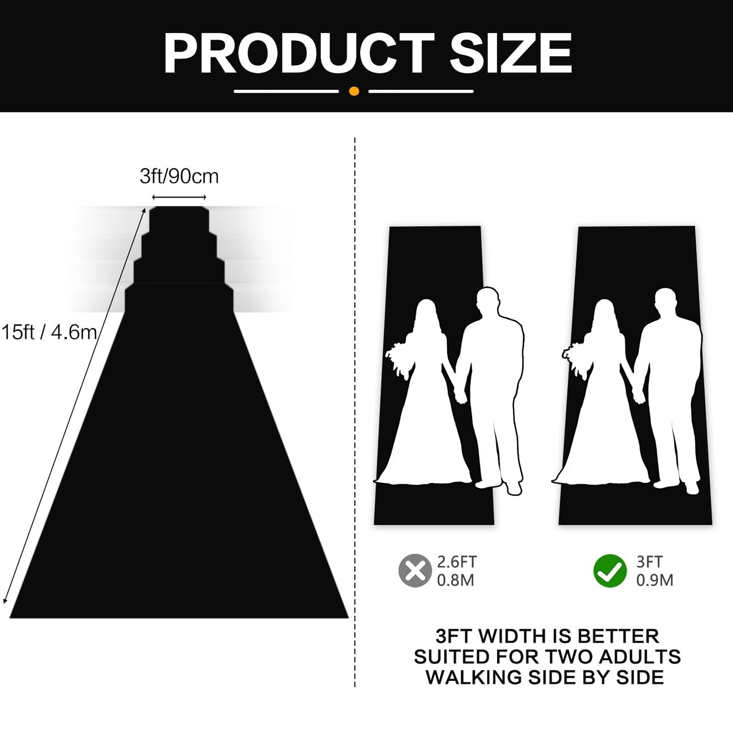 Black Carpet Runner for Party, Premium 160 GSM Felt Non-Woven Fabric Runway Rug for Party Wedding & Special Events,Rolled Package Without Creases (Black, 3X15 ft)