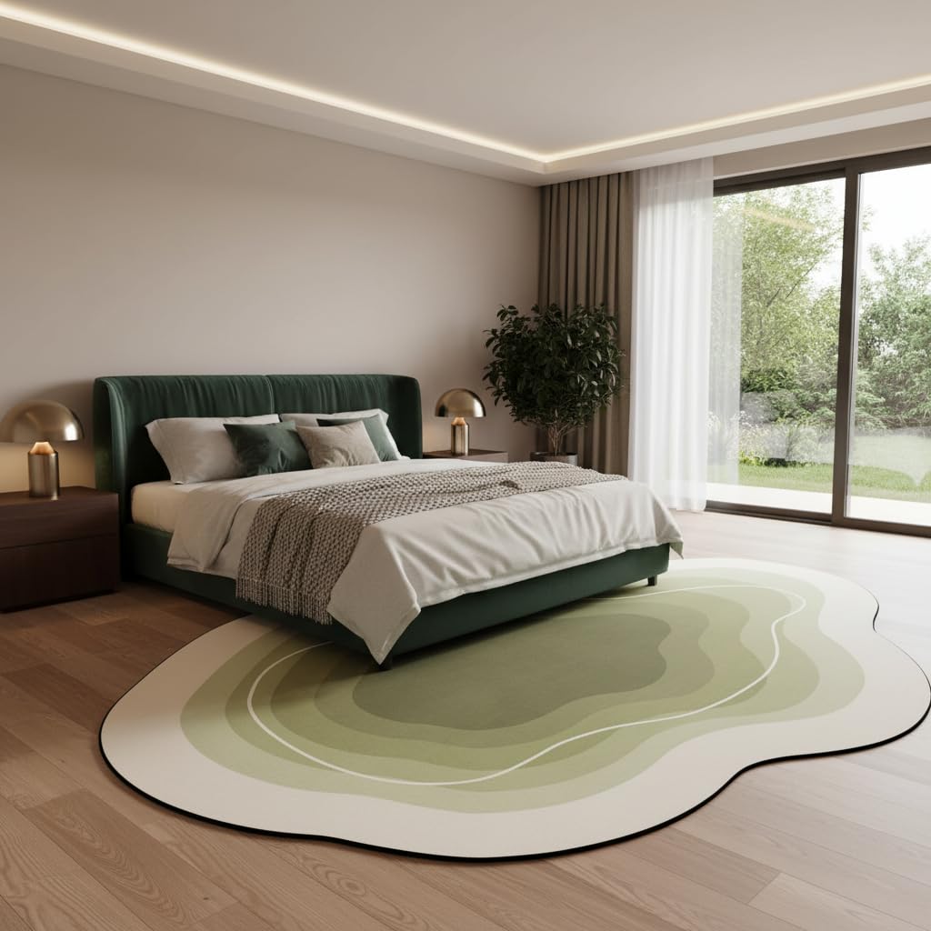 Ultra Soft Comfort Ombre Texture Irregular Shaped Living Room Large Area Rug 5x8 Green Beige Modern Unique Style Deco Rug for Dining Kitchen Bedroom Home Office Machine Washable Fluffy Carpets