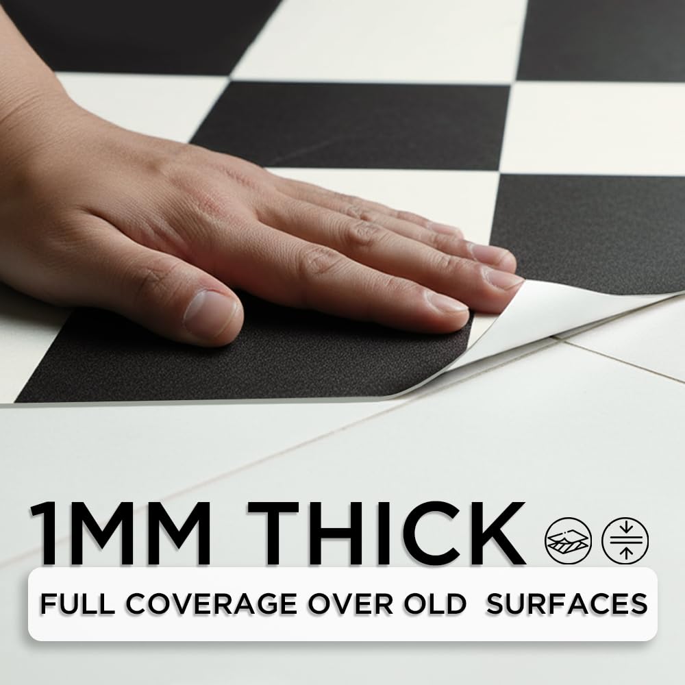 auxua Peel and Stick Floor Tile, Black Checked Pattern Continuous Vinyl Roll Flooring – 15.7'' x 19.68 ft Roll Covers 25.83 sq. ft, Effortless Alignment, Seamless Look Design for Bathroom, Kitchen