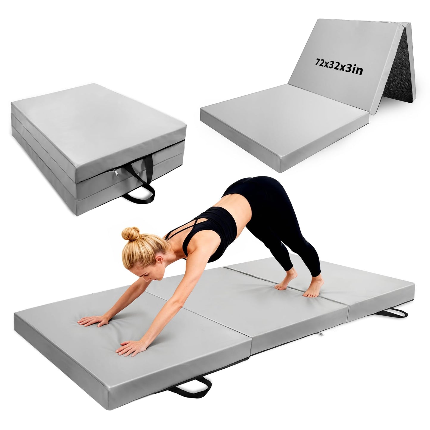 3inch Thick Workout Mat,6 * 2.5ft Extra Thick Wide Folding Yoga Mat, Tri-Fold Exercise Mats, High-Density Non Slip Gymnastics Mats with PU Leather Cover for Fitness Pilates Stretching