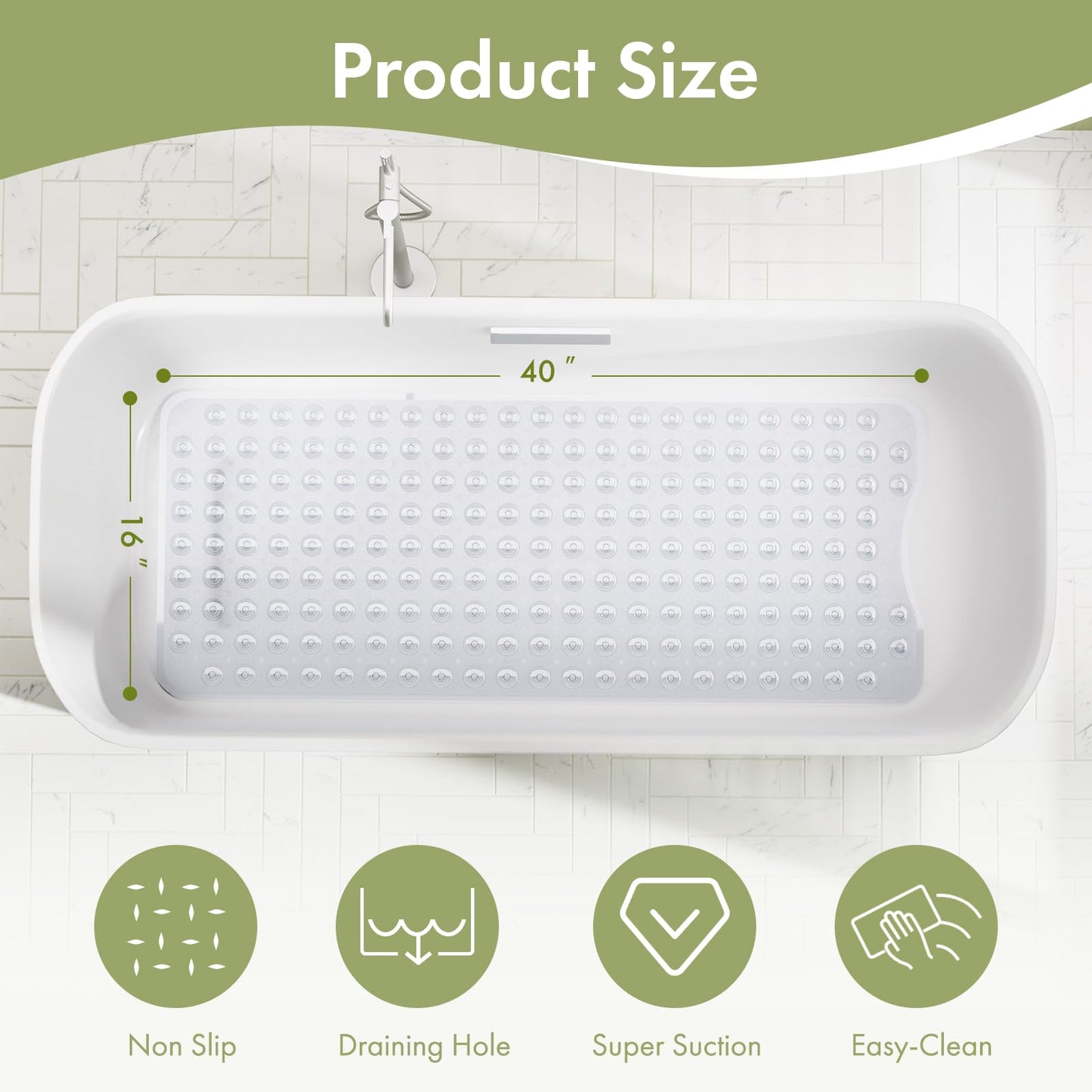 AmazerBath Shower Mat Non Slip 40 x 16 Inches, Shower Stall Mats with Suction Cups and Drain Holes, Non Slip Bath Mat for Tub for Elderly & Kids, Clear