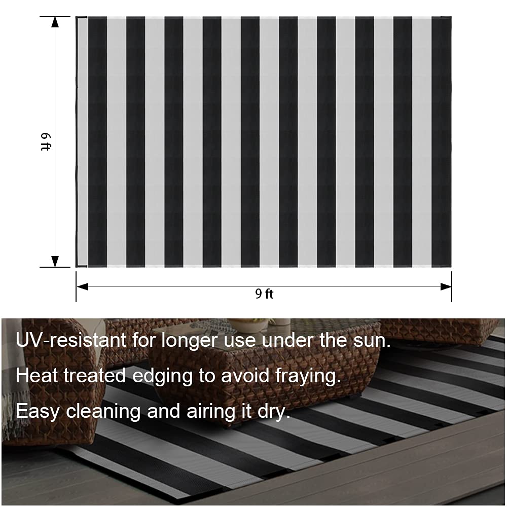 Pcinfuns Plastic Straw Rug,6'x9' Outdoor Waterproof Patio Rugs Foldable Reversible Camping Mat for Rv, Deck, Porch, Picnic, Beach, Balcony,Black & White