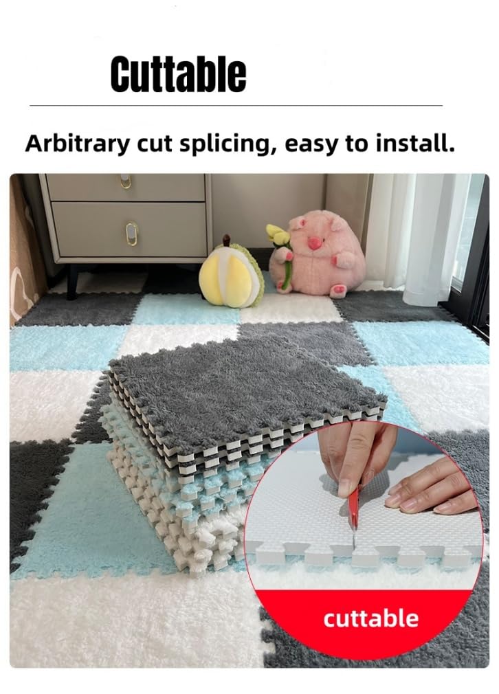 12Pcs Interlocking Carpet Tiles,12"x 12" Plush Interlocking Foam Carpet Tiles with Border,Fluffy Play Mat Floor Tiles Thick Padded Squares Foam Tiles for Playroom Decor (Pink+Black)