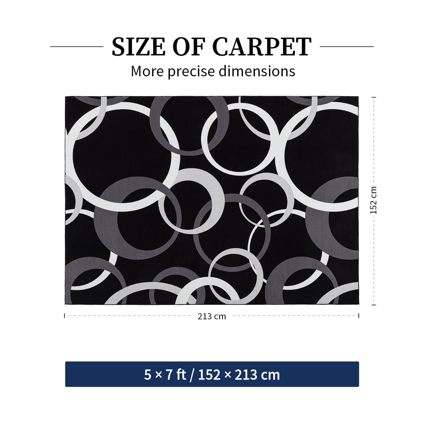 YIHOUSE Washable 5x7 Area Rugs for Living Room, Modern Black and White Rug for Bedroom Non Slip Low Pile, Modern Circle Pattern Carpet for Dining Room Playroom Home Office Decor