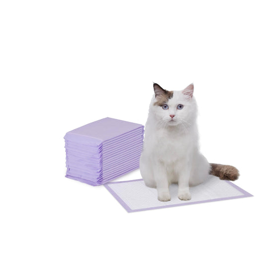 Amazon Basics Cat Pee Pads, Super Absorbent, Odor Control, Universal Fit for Litter Box, Disposable, Multi-Cat, Unscented, Purple and White, 20 Count
