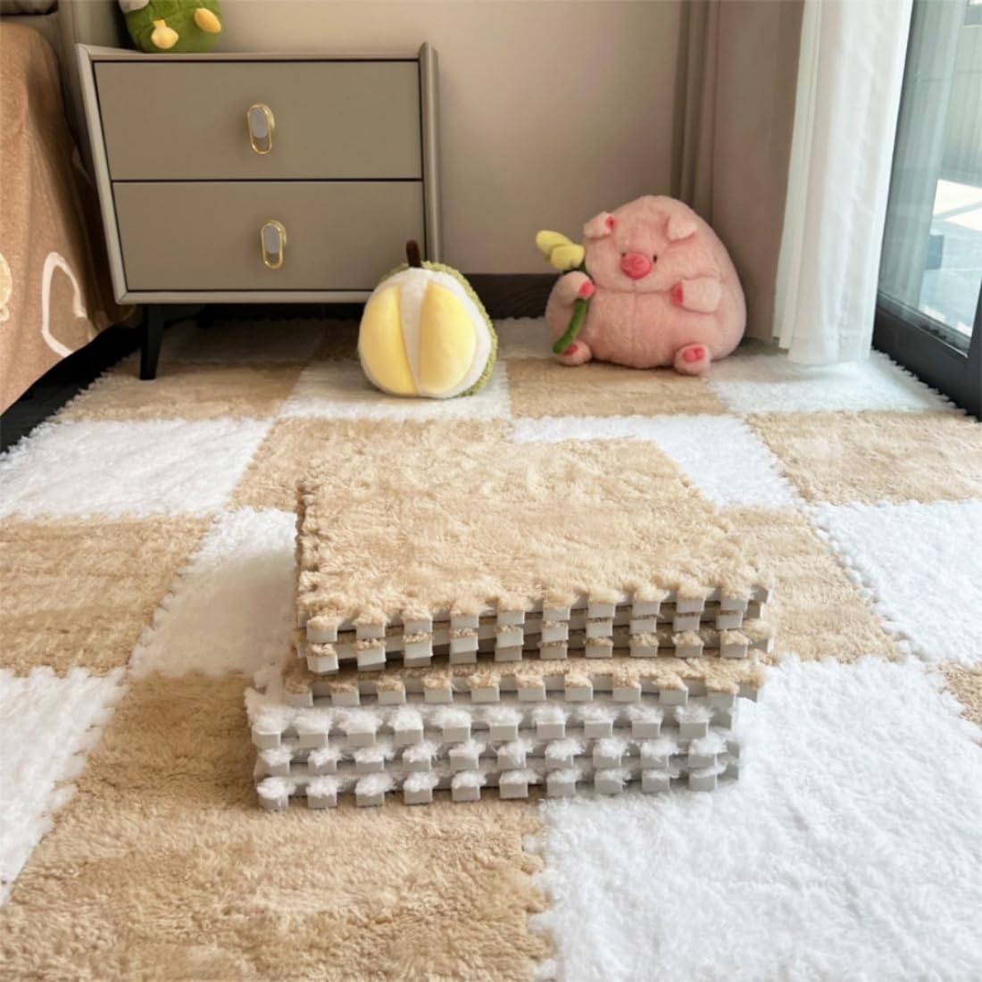 12Pcs Interlocking Carpet Tiles,12"x 12" Plush Interlocking Foam Carpet Tiles with Border,Fluffy Play Mat Floor Tiles Thick Padded Squares Foam Tiles for Playroom Decor (Pink+Black)