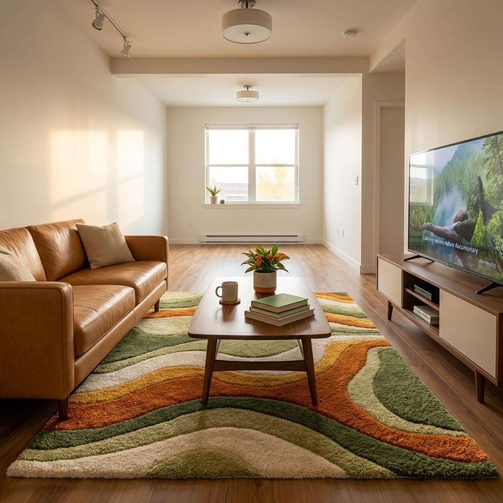 Hand Tufted Abstract Area Rug Wool Modern Wavy Pattern Carpet in Rust Orange Olive Green Cream for Living Room Bedroom Boho Decor Soft Plush Handmade Contemporary Floor Rug (2x2 ft / 60x60 cm)