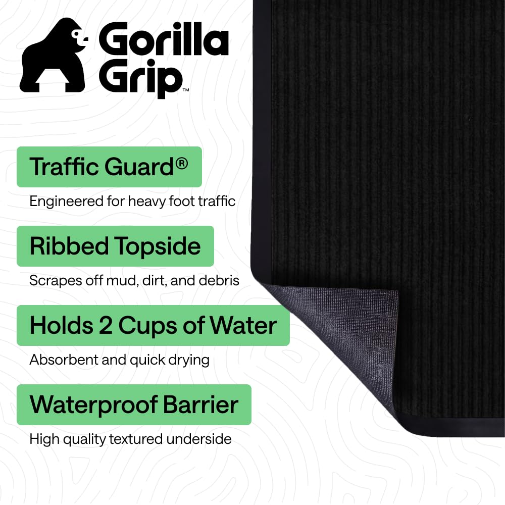 GORILLA GRIP Waterproof Traffic Guard Door Mat, 2 Pack, Indoor Outdoor Heavy Duty Entryway Mats, Strong Backing Commercial Utility Rugs, Office Hallway, Garage, Patio, Low Profile Runner, 29x17 Black