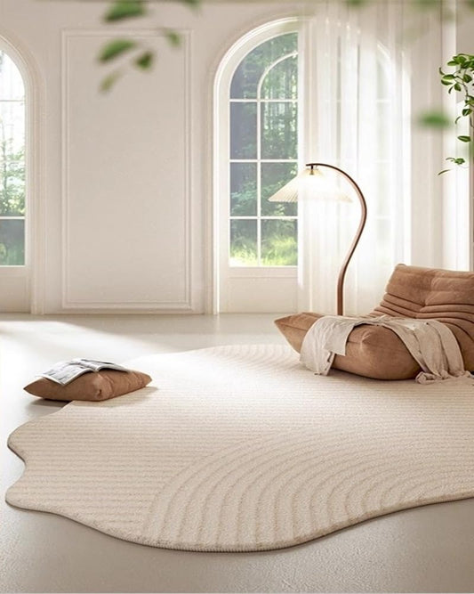 Minimalist Luxury Irregular Shaped Area Rug Cream White Curved Striped Texture Indoor Rugs 5x7 for Livingroom Bedroom Diningroom Nursery Dorm Guestroom Modern Neutral Washable Non Slip Soft Carpet