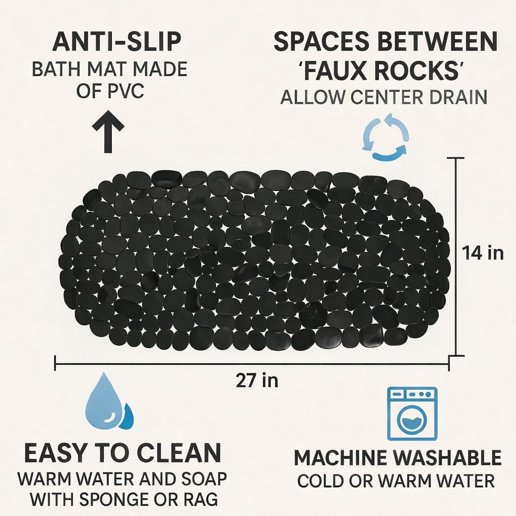 Non-Slip Pebble Bath Mat – 27" x 14" Black Oval Tub Mat with Suction Cups, PVC Shower & Bathtub Safety Mat – Dependable Industries Inc. Essentials
