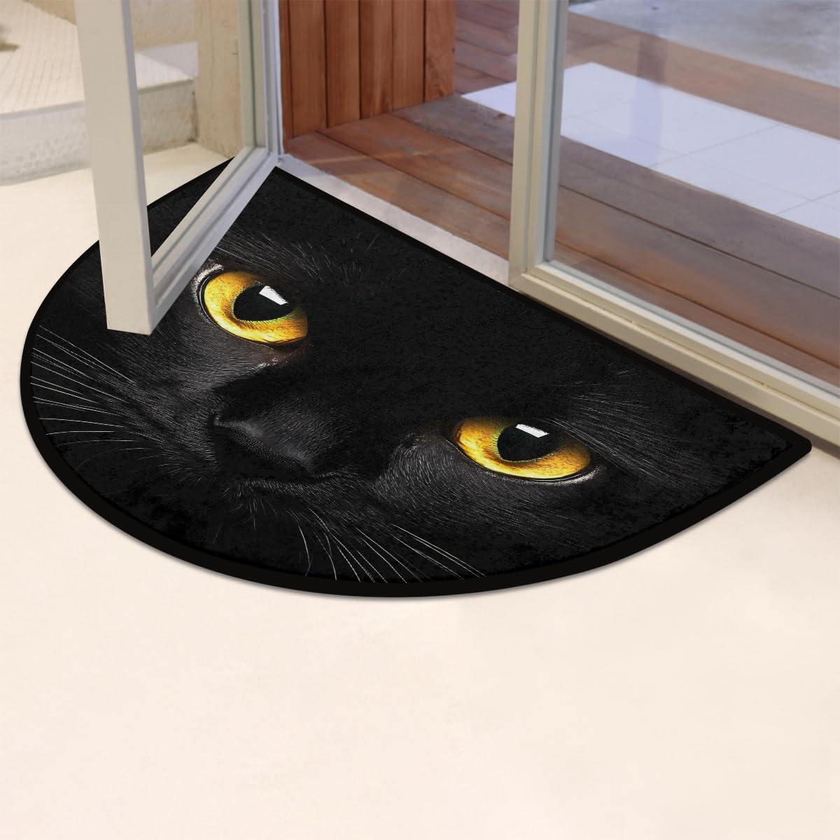 AUUXVA Black Cat Animal Eyes Half Round Door Mat Indoor Entrance, Cat Kitten Non Slip Absorbent Doormats, 24 x 36 Wear Resistant Semi Circle Floor Mats Area Rugs for Home Kitchen Patio
