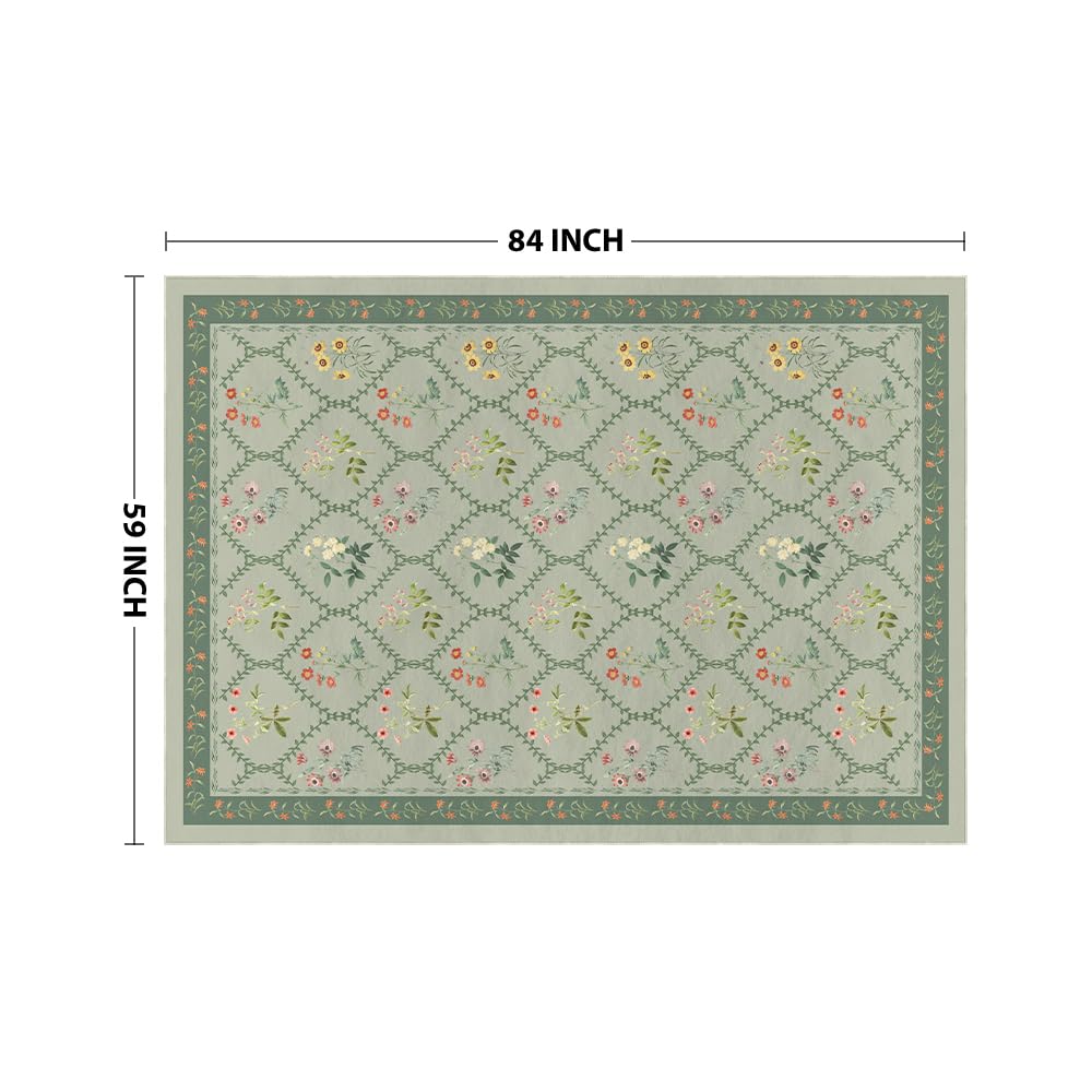 Artoid Mode Green Floral Geometric Modern Summer Area Rug, Spring Home Decor Low-Profile Washable Large Rug for Living Room Bedroom Farmhouse Dining Room Kids Playroom 5x7 Feet