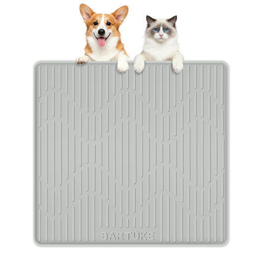 Bartuke Silicone Cat & Dog Food Mat, 24" x 24" Large Pet Feeding Mat for Cats and Dogs Bowl, Pet Placemat for Food and Water with Raised Edge, Waterproof, Leakproof (Grey)