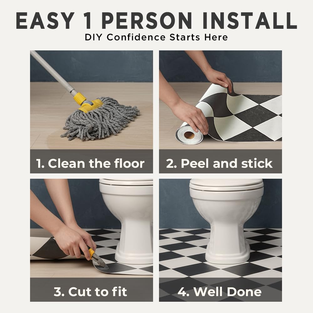 auxua Peel and Stick Floor Tile, Black Checked Pattern Continuous Vinyl Roll Flooring – 15.7'' x 19.68 ft Roll Covers 25.83 sq. ft, Effortless Alignment, Seamless Look Design for Bathroom, Kitchen
