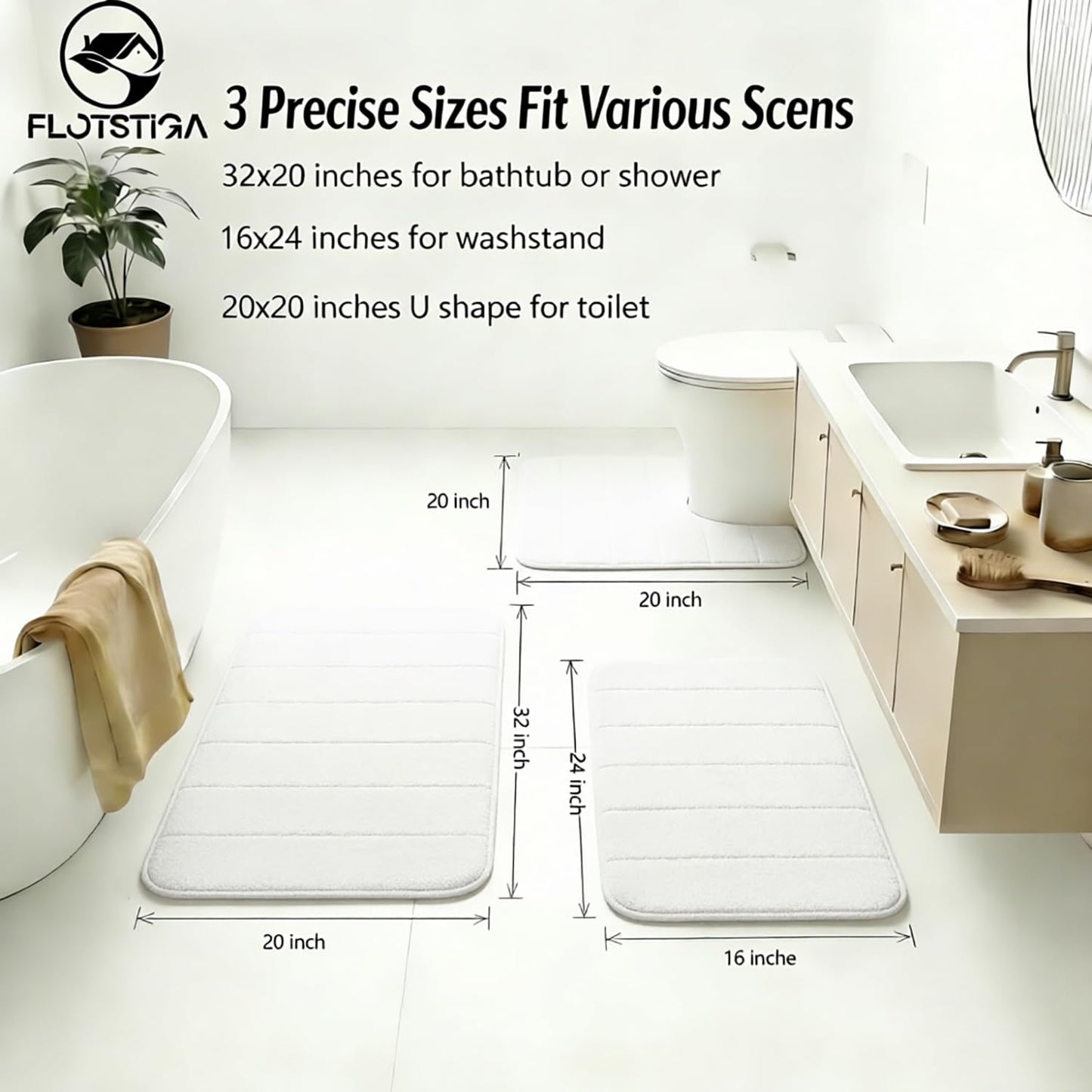 Flotstiga Memory Foam Bath Mat Set 3 Piece，Super Soft Absorbent Bathroom Rug Non Slip, Quick Dry,Machine Wash, Perfect Plush Bathroom Rugs,Home Decor Accessories,White