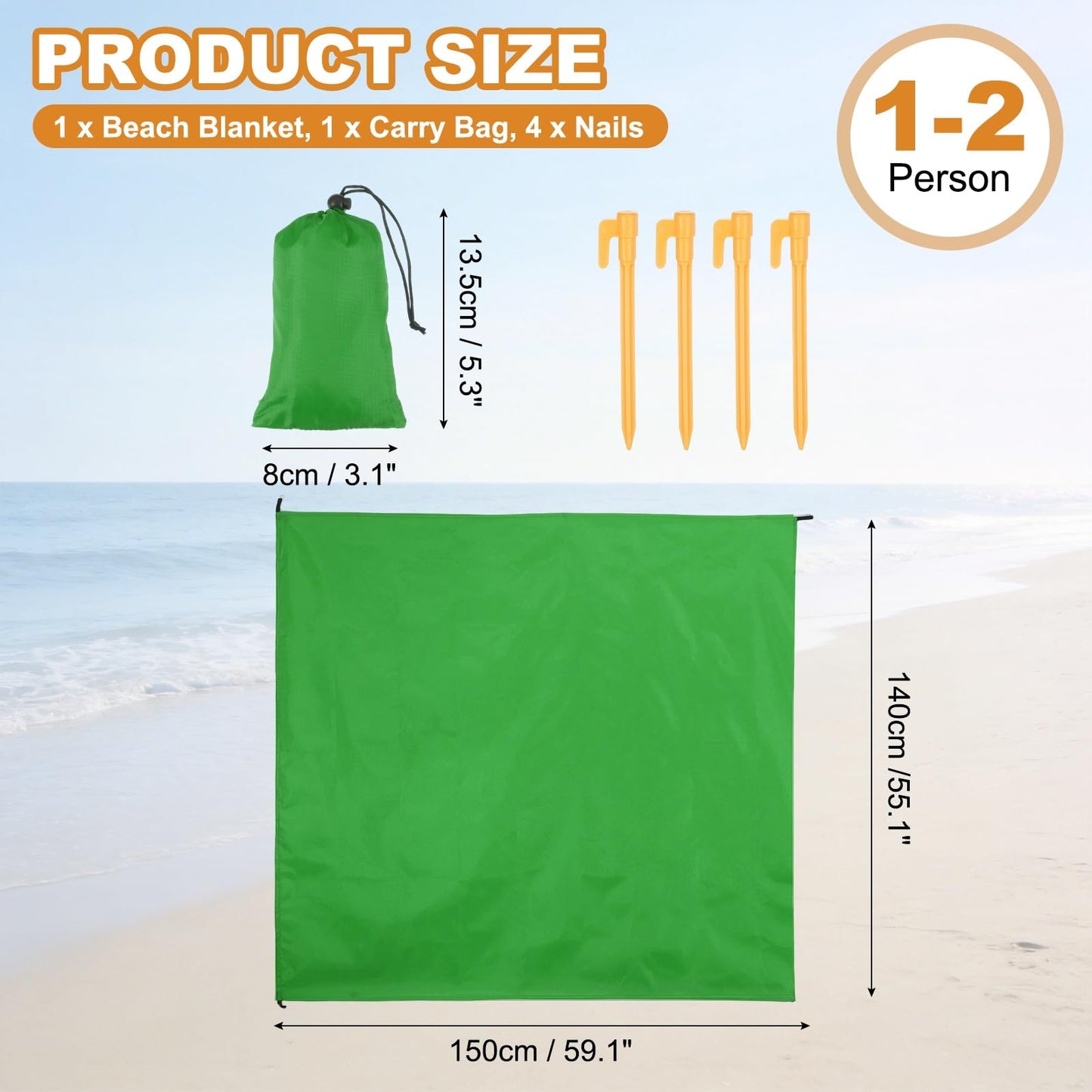 YELARXI Beach Blanket, Waterproof Foldable Beach Mat Compact Sand Free Quick Drying Beach Essentials with Carry Bag and 4Pcs Stakes for (Beach/Camping/Hiking/Picnic) 59 x 55in & Green
