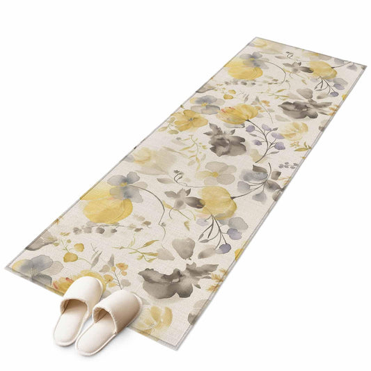 Yellow Gray Floral Runner Rug 2x6 Washable Kitchen Rug Non-Slip Lightweight Thin Soft Bathroom Runner Botanical Watercolor Plants Flowers Texture Beige Carpet for Hallway Laundry Room Bedroom Entryway