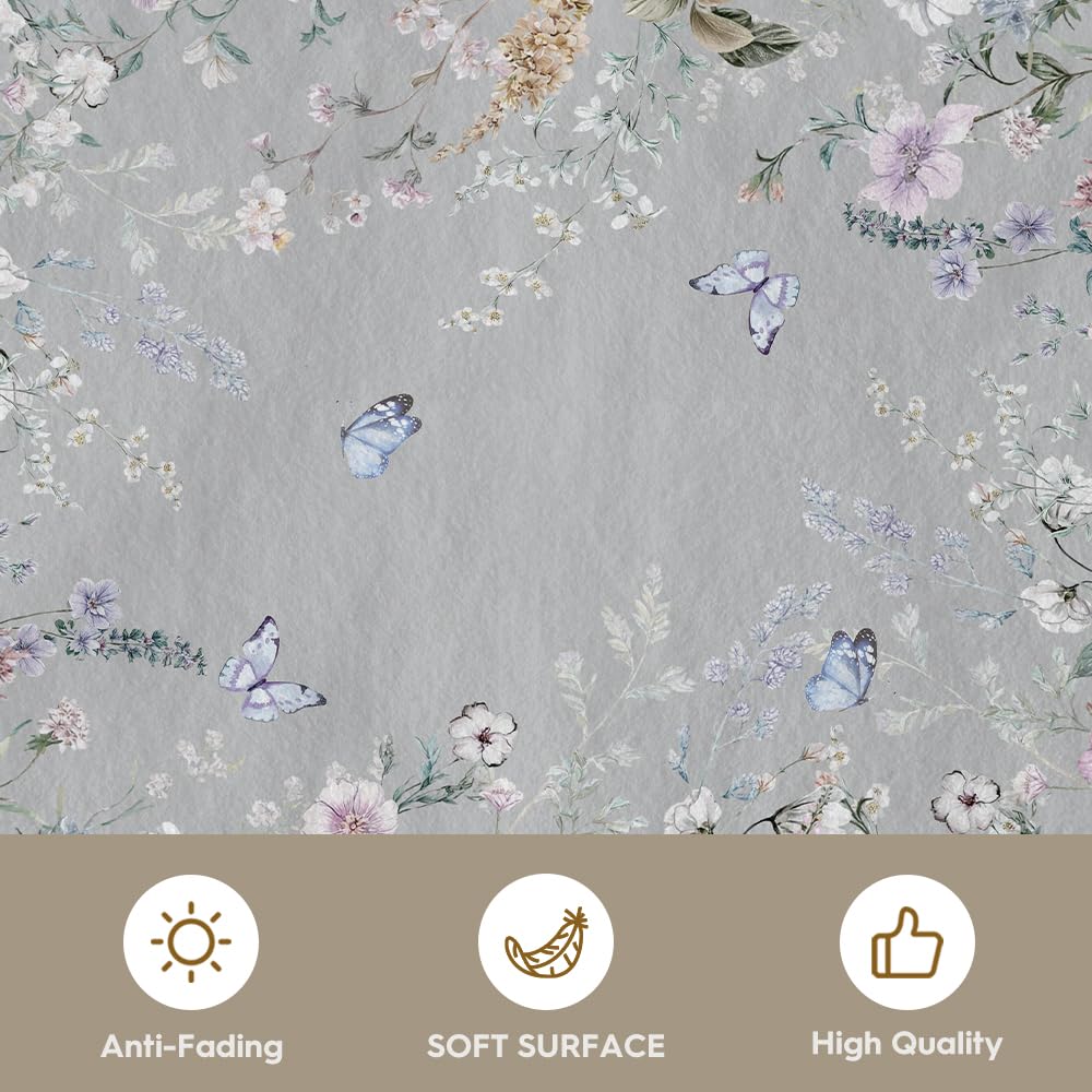 Artoid Mode Grey Butterfly Flower Spring Area Rug, Summer Home Decor Low-Profile Non-Slip Washable Large Rug for Living Room Bedroom Farmhouse Dining Room Kids Playroom 5x7 Feet