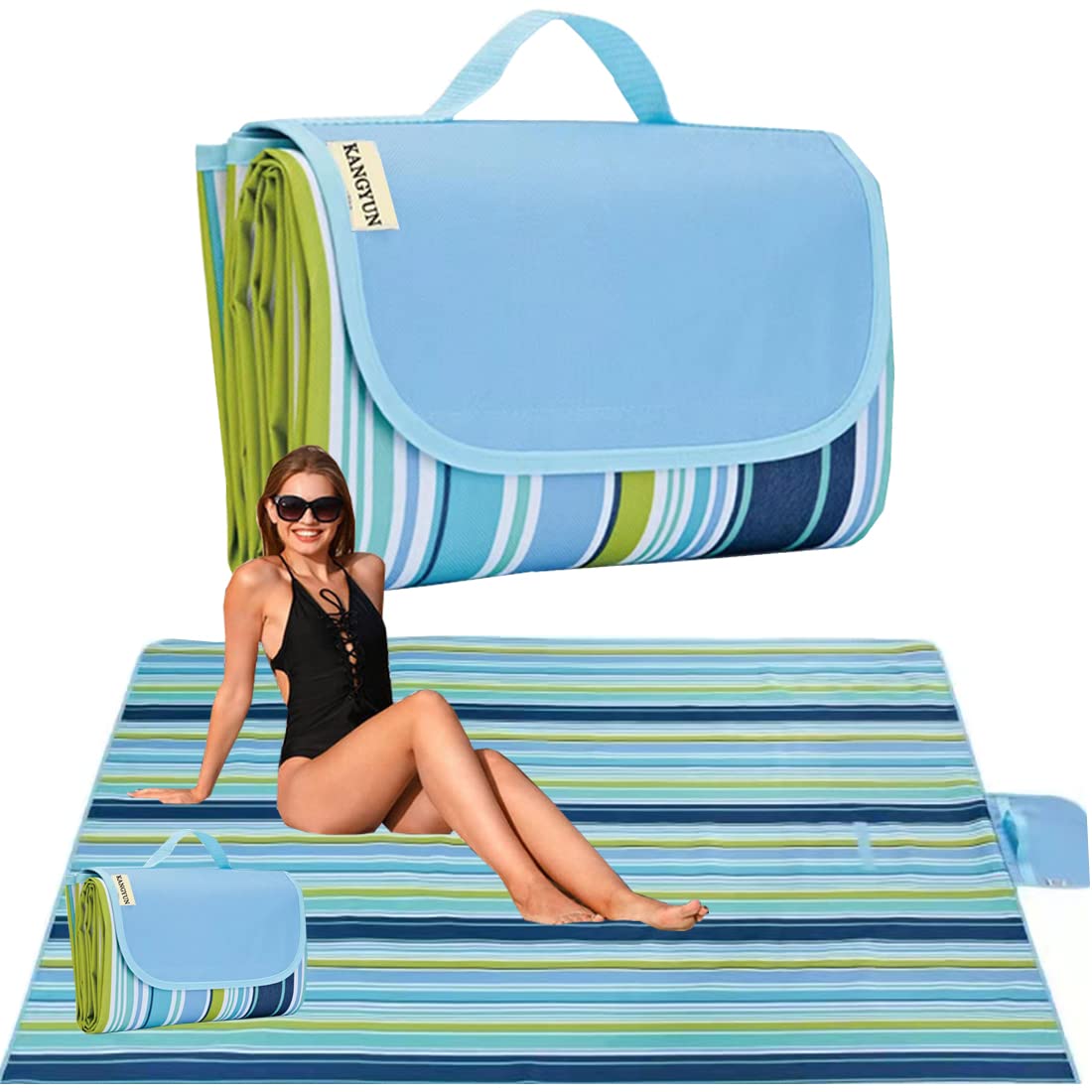 K Y KANGYUN Beach Blanket Outdoor Picnic Blankets Mat 80"x60" Extra Large Waterproof Sand Proof Camping Blanket Lightweight Folding Portable Travel Blanket for Family Park Beach Grass (Blue Line)