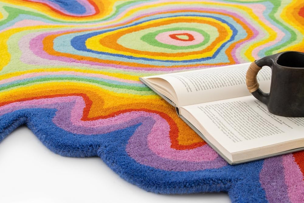 WovenRug Wonders Irregular Shaped Throw Rug Illusion Pattern | Handmade 100% Wool Modern Colourful Stripe Hand-Tufted Area Rugs (7x7 Feet)