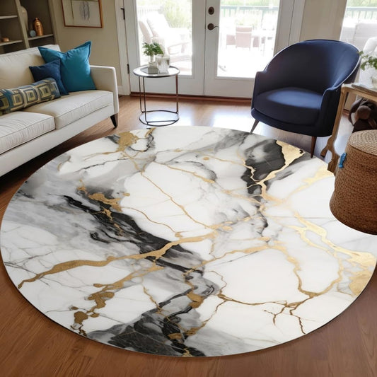 Unique Aesthetic Modern Abstract Black Grey Gold Marble Round Area Rug for Living Room Bedroom Guestroom Art Deco Luxury Circle Office Meetingroom Carpet Kitchen Nursery Playroom Floor Rug 6ft