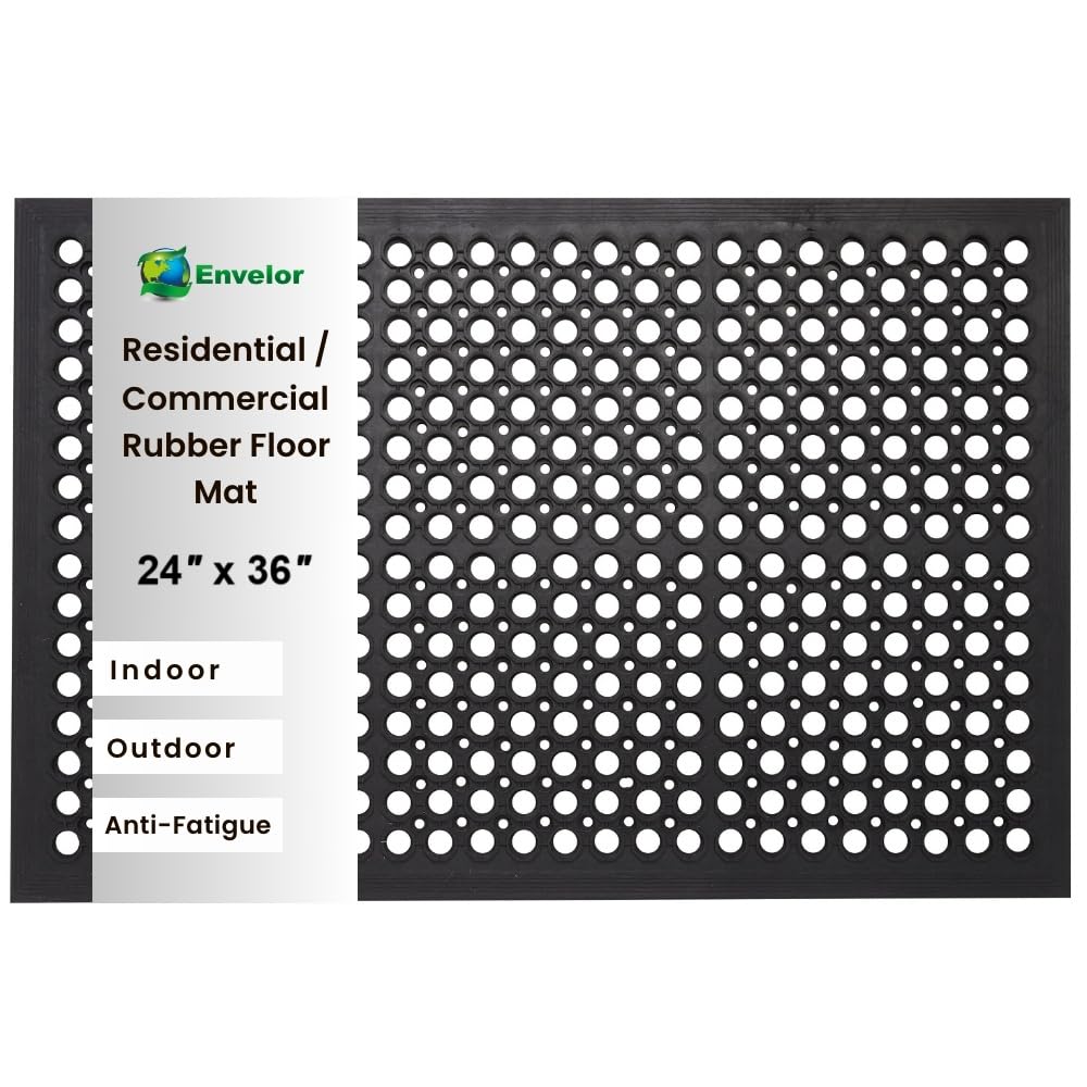 Envelor Anti Fatigue Mats for Kitchen Floor, Rubber Bar Mat, Non Slip Commercial Floor Mat with Drainage Holes, Indoor Outdoor Rubber Mat for Restaurant, Garage, Entryway, Entry Mat 24 x 36 in