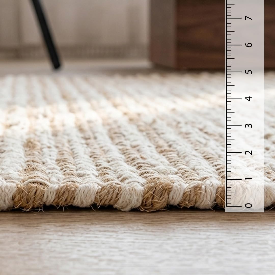 HOMEMONDE Jute Cotton Area Rug 5x8 ft Large Rectangle Hand Woven Natural Farmhouse Rugs for Living Room, Bedroom, Kitchen, High Traffic Area - Rustic Vintage Bohemian (Natural Offwhite)