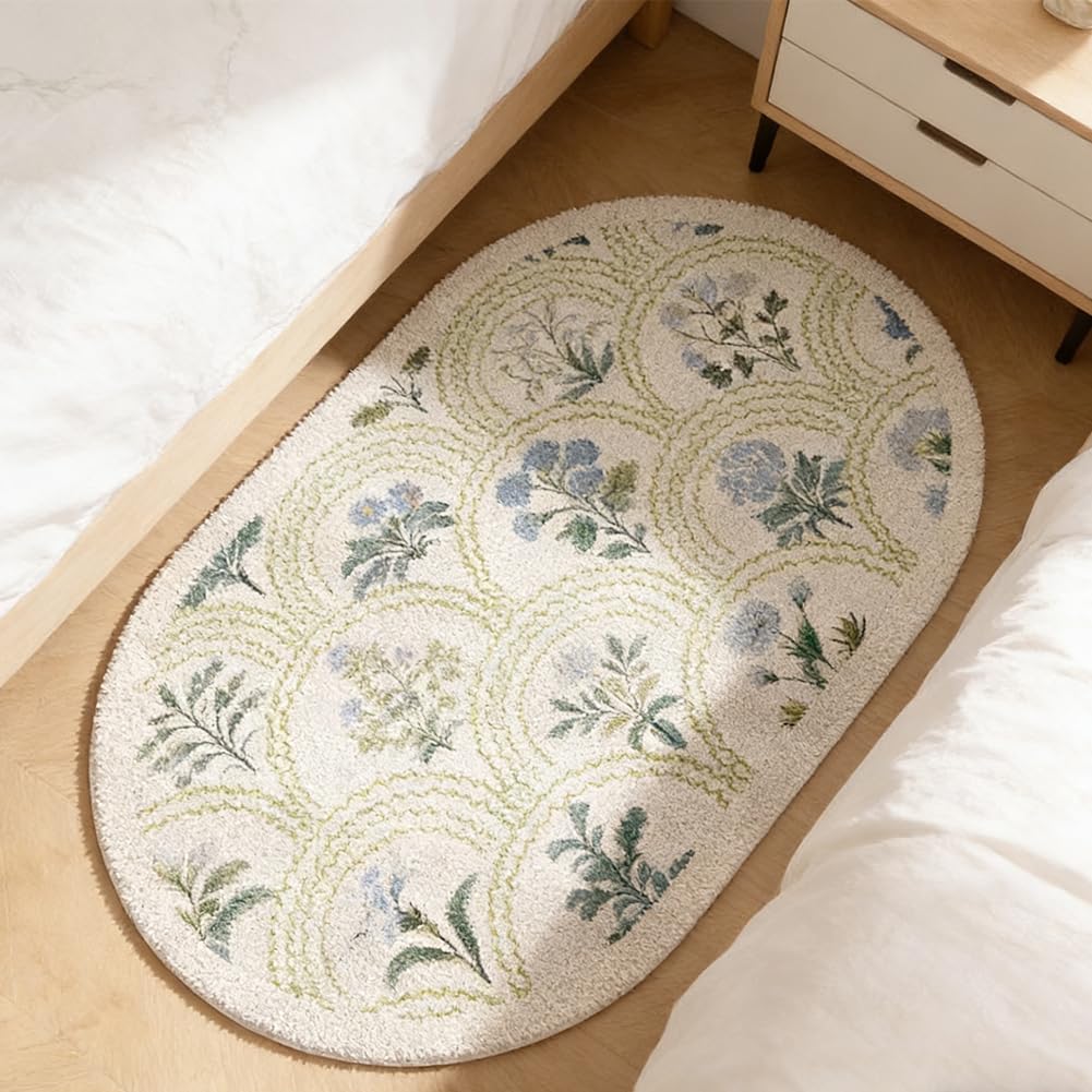 gdmgdr Spring Floral Bathroom Rug 32" x 20" Wild Flowers Bathroom Mat Boho Floral Bath Rug (Oval, Green)