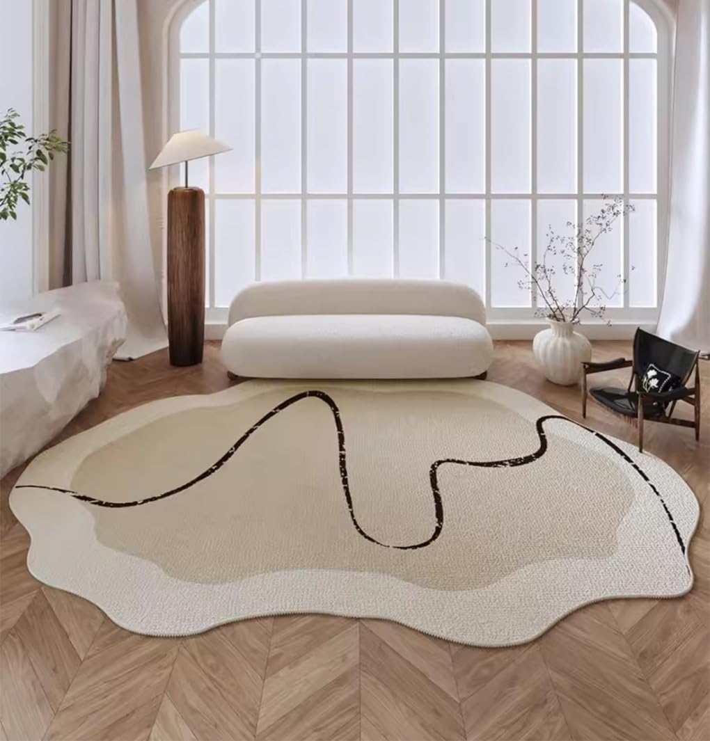 5x8 Irregular Rug Modern Minimalist Off White Brown Line Art Deco Abstract Shaped Rug for Meetingroom Bedroom Living Room Washable Thin Plush Carpet Non Skid Easy Clean Nursery Indoor Floorcovers