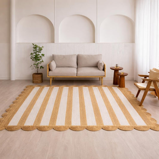 HOMEMONDE Scalloped Jute Rug 8x10 ft - Boho Rustic Vintage Farmhouse Style Eco-Friendly Jute Fiber Area Rug Hand Braided for Living Room, Bedroom, Dining Room