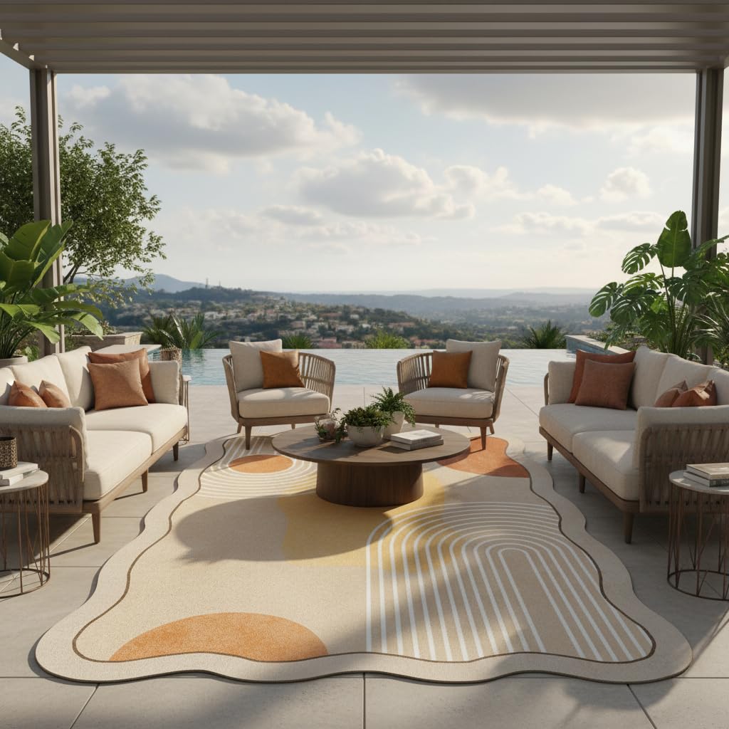 Unique Minimalist Geometric Cream Style Beige Orange Yellow Irregular Shaped Rug for Living Room Bedroom Diningroom Soft Wool Foldable Quick Dry Carpet Under Table Office Aesthetic Floor Rug 5x7