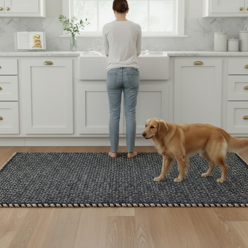 Navy 3x5 Jute Rug Braided Construction - Farmhouse Woven Carpet - Nautical Floor Covering for Bedroom Laundry Room, 3' x 5'