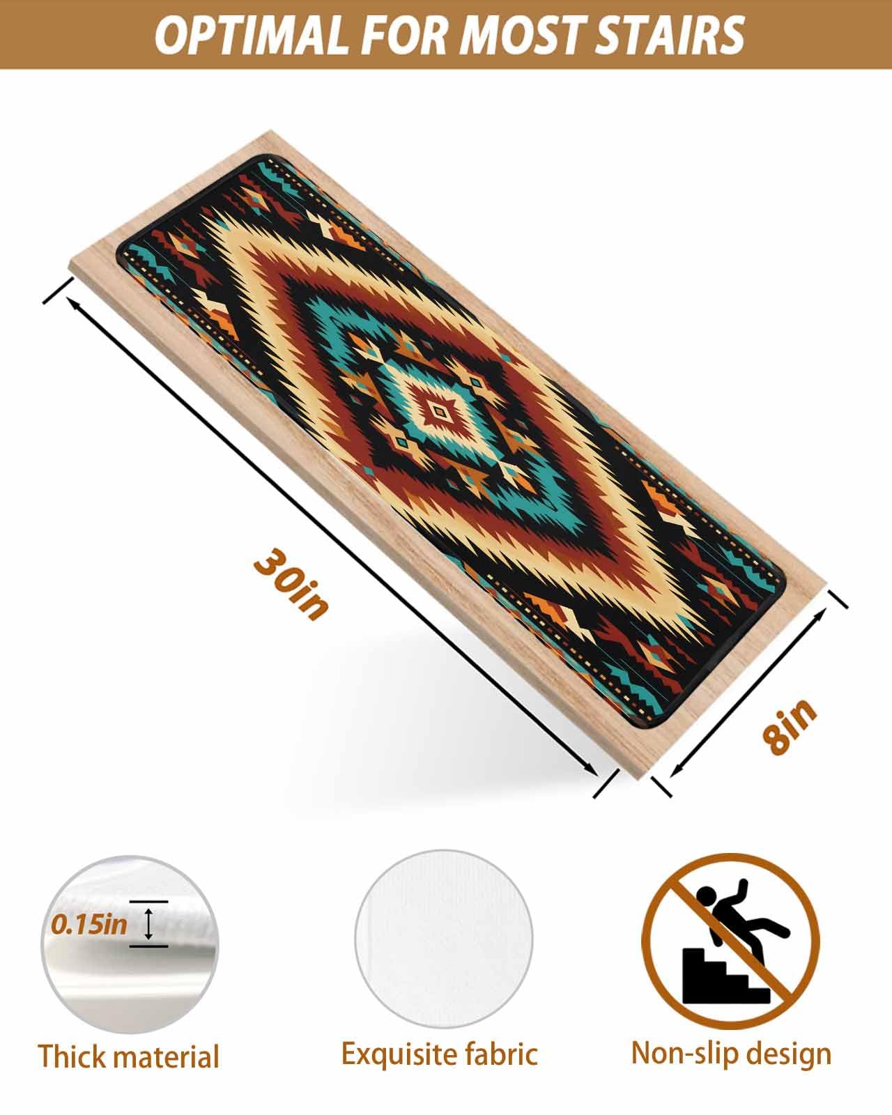 Colorful Boho Aztec Stair Treads for Wooden Steps Indoor Runner Rug Carpet, Rustic Southwestern American Art 15 Pieces Peel and Stick Staircase Step Treads Covers Washable Throw Door Mats, 30"x8"