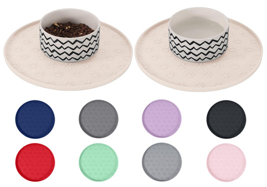Comtim Waterproof Dog Food Mat - 2 Pack Silicone Pet Food Mat Dog Food Bowl Mats Cat Water Mats Eating Tray, Non-Slip Pet Placemat with Lip for Messy Drinkers to Protect Floor, Beige 11"×11"