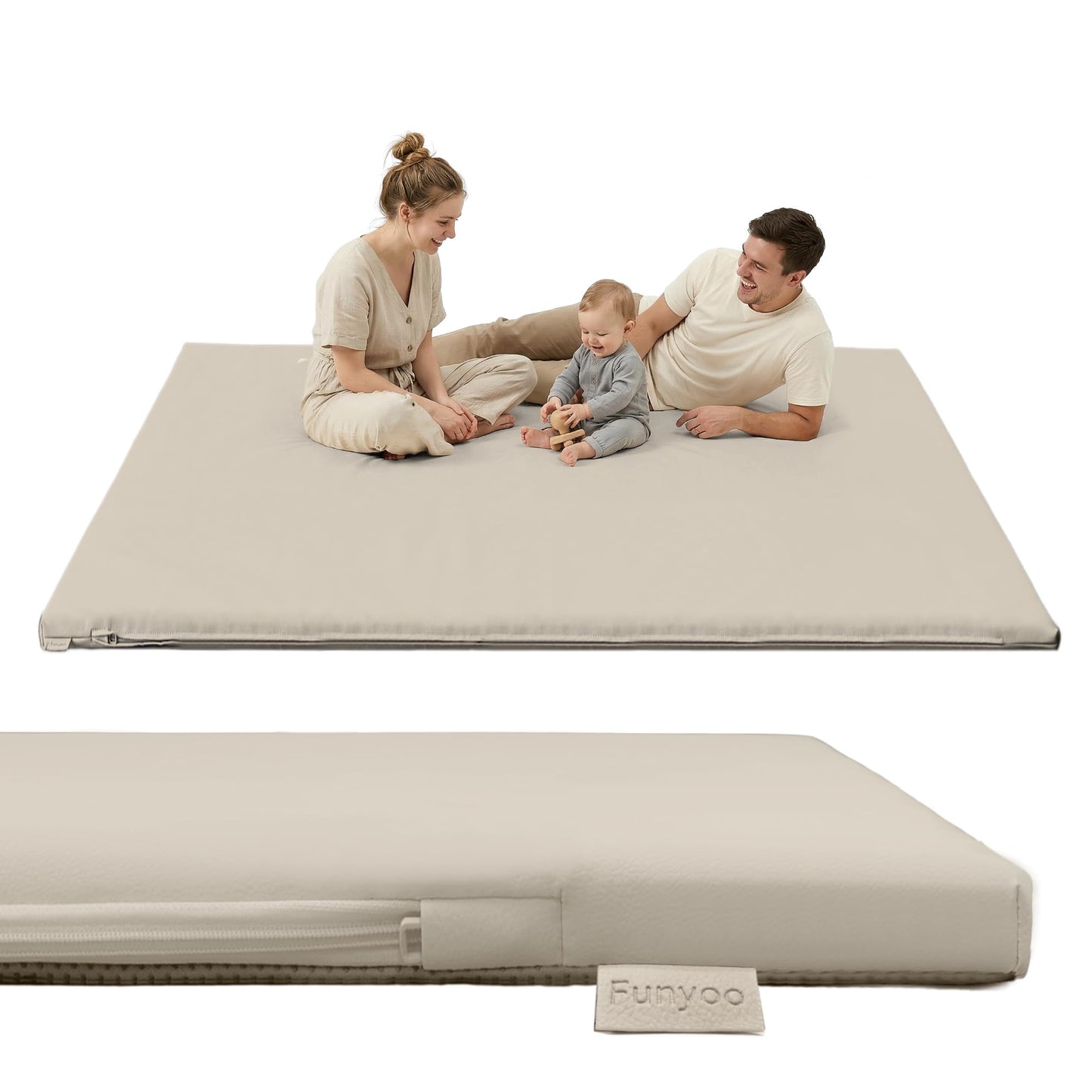 Funyoo Vegan Leather Baby Play Mat, 79x71 Thick Cushioned Waterproof Playpen Mat, Stylish Removable Cover Floor Mat for Babies & Toddlers, Non-Slip Bottom for Safe Crawling, 1.3" Thick, Grey
