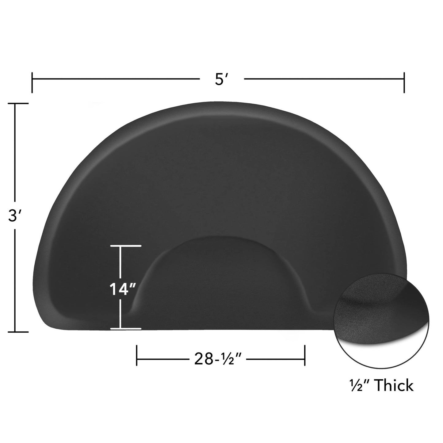 Saloniture 3 ft. x 5 ft. Salon & Barber Shop Chair Anti-Fatigue Floor Mat - Black Semi Circle - 1/2 in. Thick