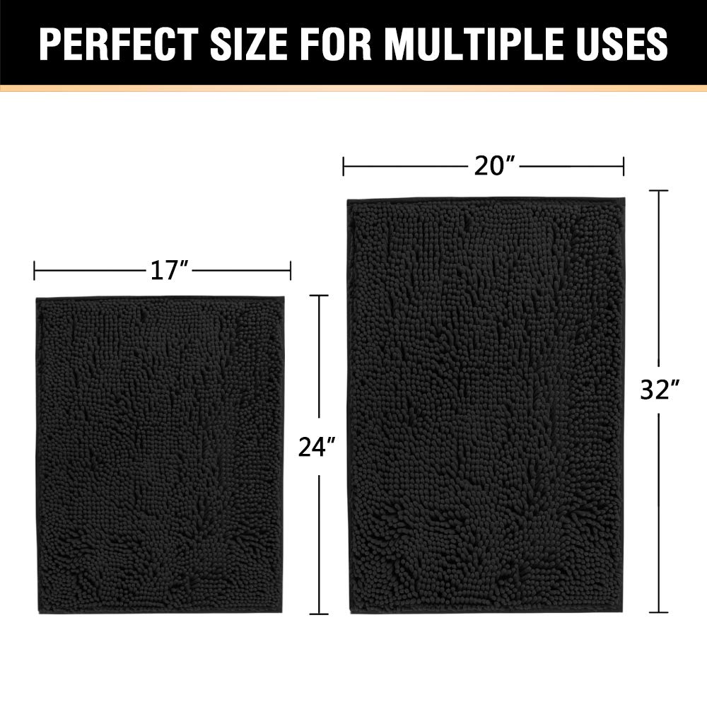 H.VERSAILTEX Black Bathroom Rug Set 2 Piece, Bath Mats for Bathroom Floor, Super Thick Soft Shaggy Chenille Bath Mats Machine Washable, Dry Fast Water Absorbent Bath Mats(20" x 32"/17" x 24")