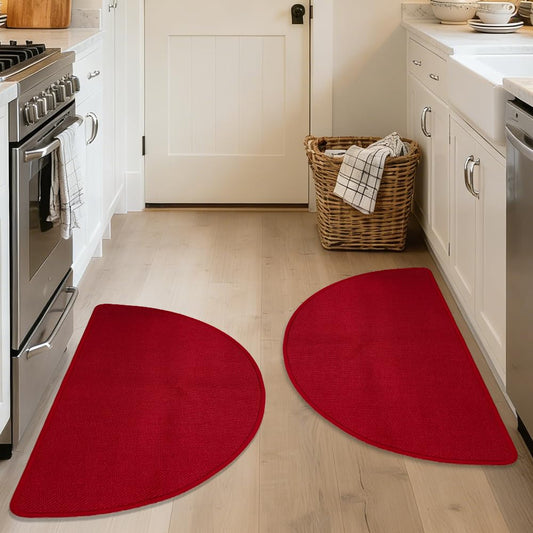 Nanstone Half Circle Red Kitchen Rugs,2 Pack 17”x30”, Non-Slip Water Oil Absorbent Kitchen Mats, Machine Washable Floor Protector,Braided Quick Dry Kitchen Standing Mat for in Christmas Holiday