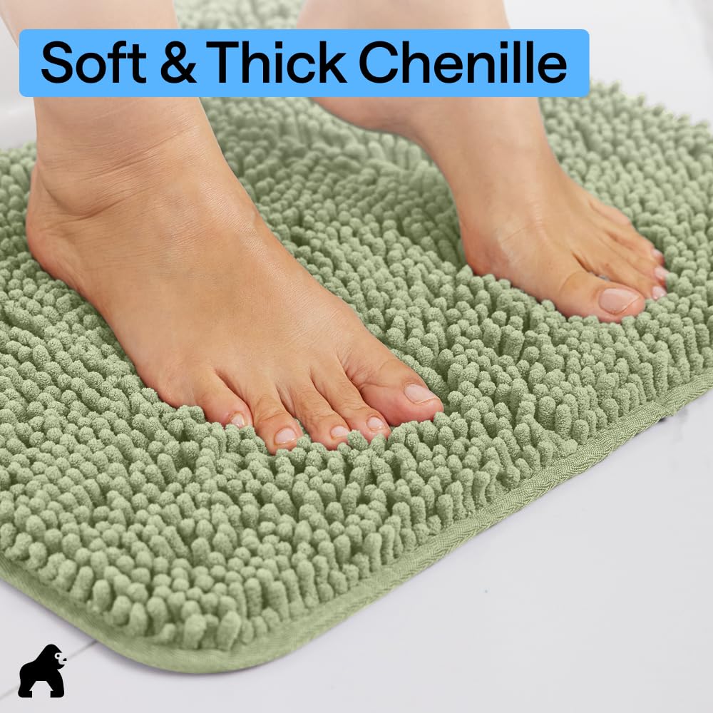 GORILLA GRIP Bath Rug Mat, Thick Soft Absorbent Chenille, Quick Dry Microfiber Mats, Rubber Backing Washable Shower Floor Rugs, US Designed Bathroom Bathmat Home Decor Accessories, 24x17 Sage Green