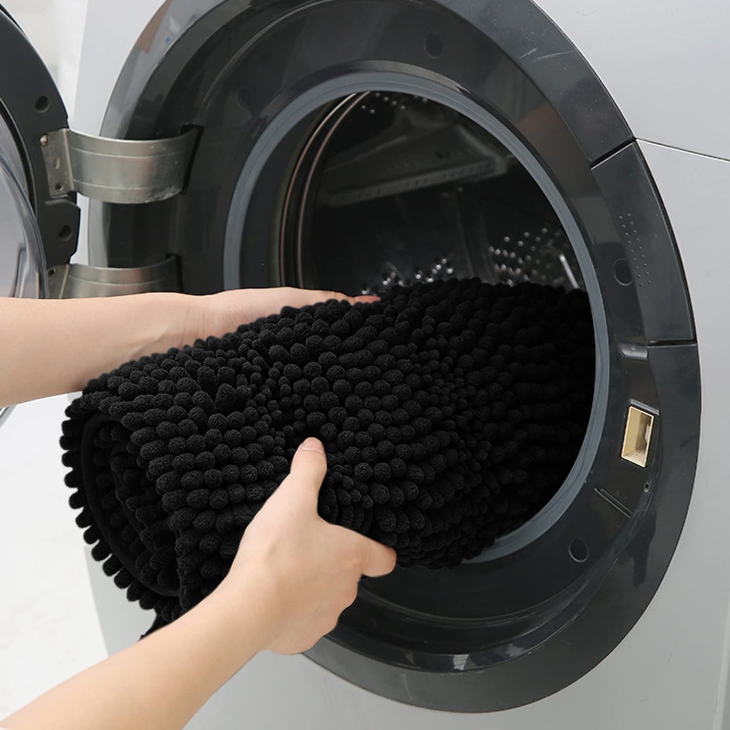 ACCUMTEK Striped Black Bathroom Rug Mat 32"x20" Ultra Soft, Non Slip Chenille Bath Rugs, Absorbent Plush Shaggy Bath Mats for Bathroom, Bedroom, Kitchen, Shower, Tub