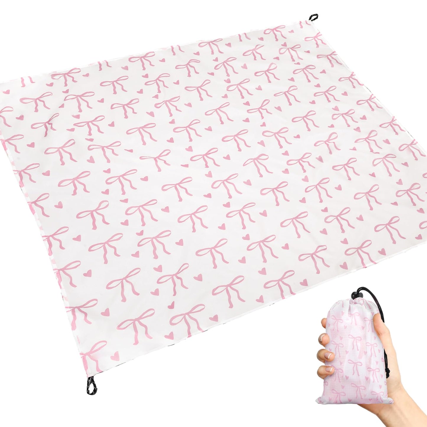 HunnmingRe Lightweight Pink Bow Pocket Picnic Blanket with Storage Bag 55 x 60inch Waterproof Cute Packable Sandproof Beach Mat Compact Washable Picnic Mat for Outdoor Hiking Camping Travel