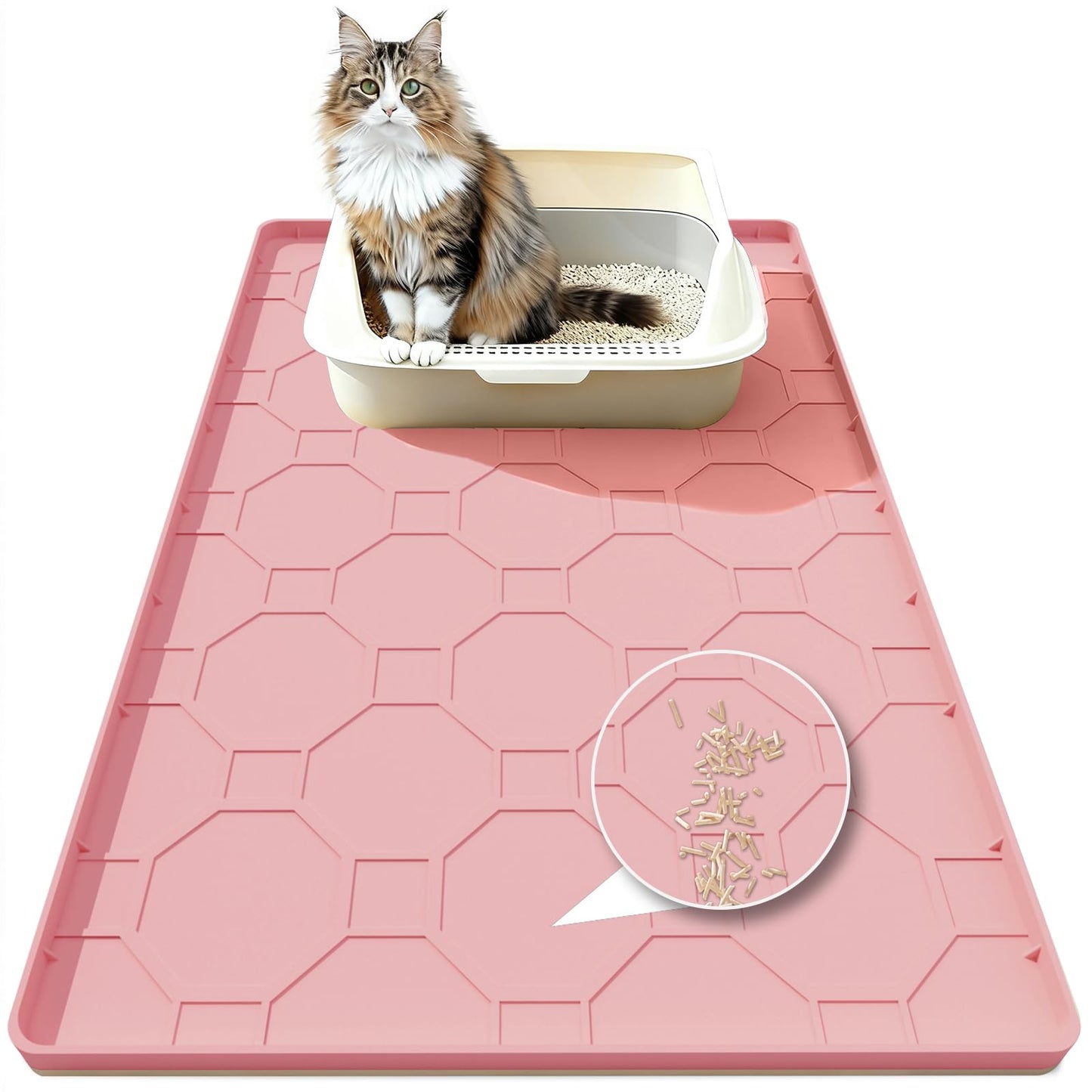 Silicone Cat Litter Mat, 34“ x 22” Waterproof Cat Litter Mats for Floors, Raised Edges Prevent Leaks and Make Cleaning Easy (Pink)