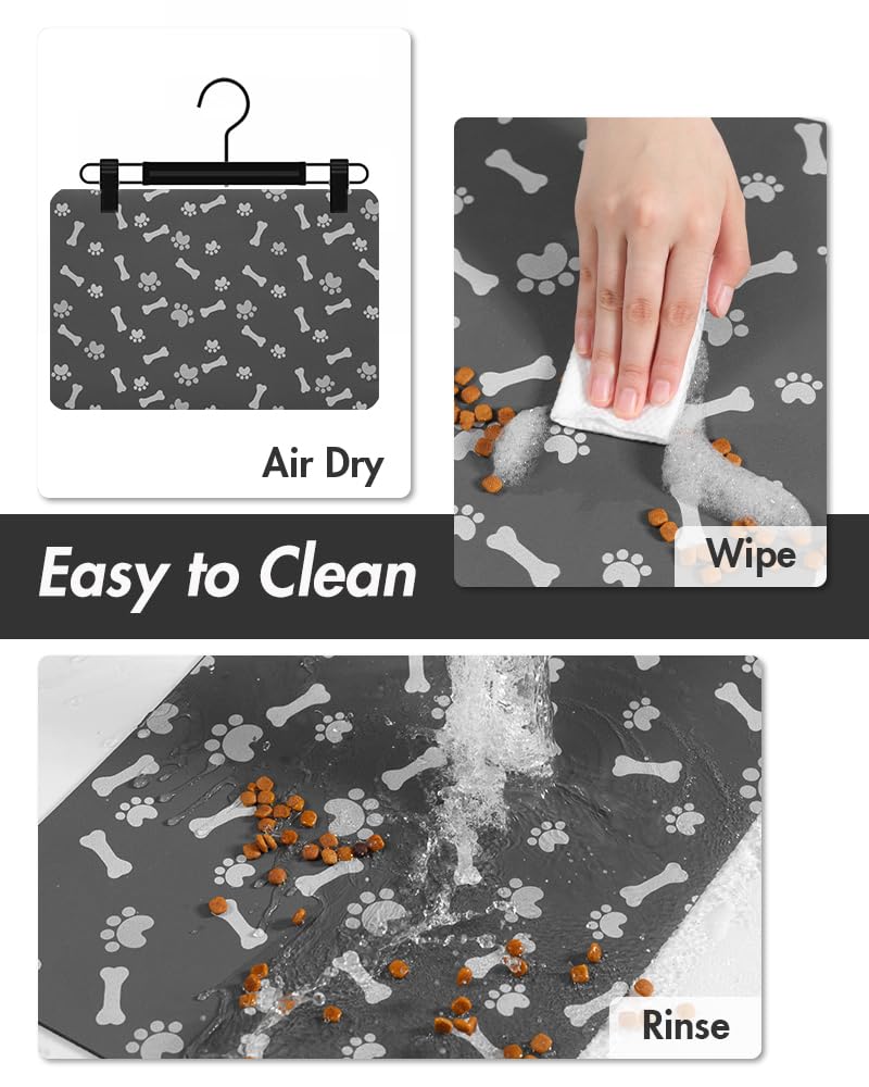 MontVoo Dog Food Mat-Pet Feeding Mat for Food and Water-No Stains Quick Dry Dispenser Cat Bowl Mat for Messy Drinkers(12"x19" Dark Grey)