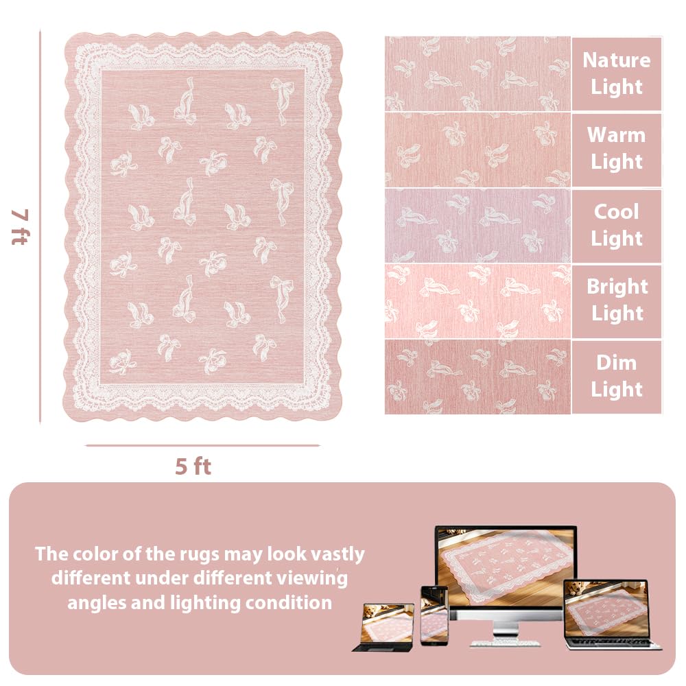 ORTIGIA 5x7 Scalloped Area Rug for Living Room, Pink Washable Low Pile Non Slip Rug with Bow Large Carpet for Girl Nursery Bedroom Playroom Dining Room Home Indoor Decor